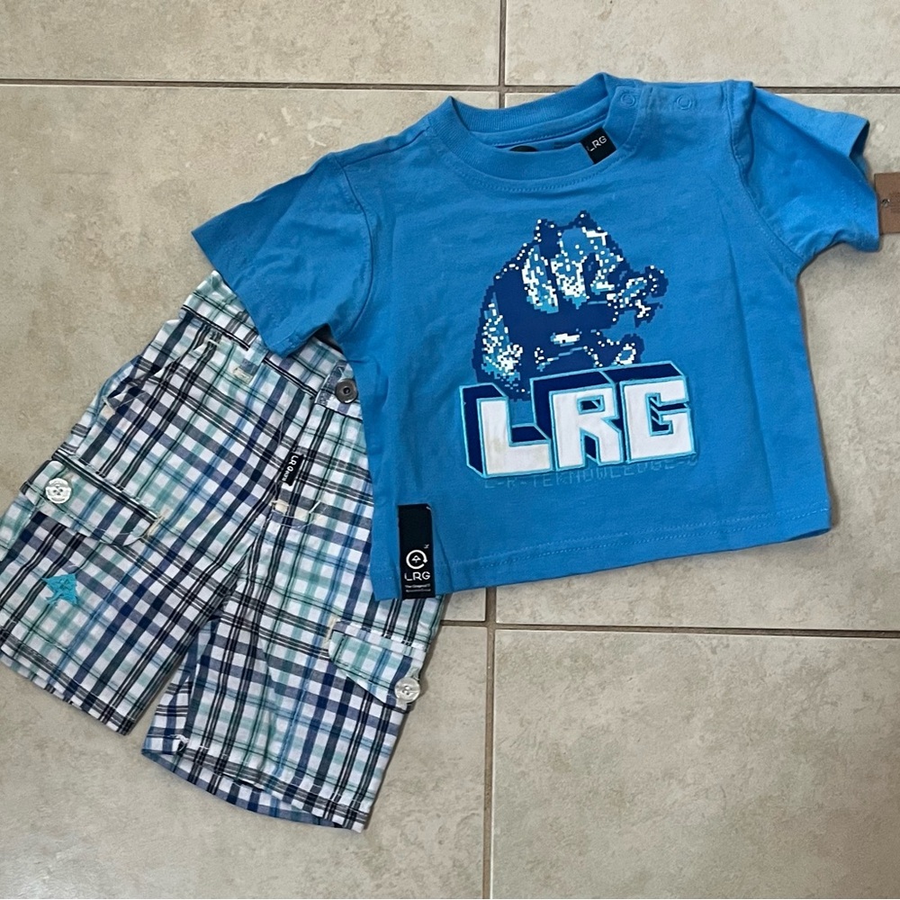 LRG Blue Bear Tee with Plaid Shorts